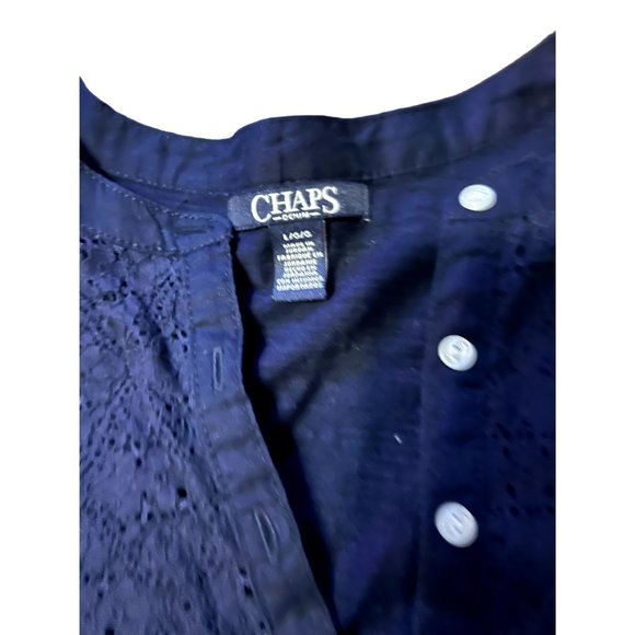 Chaps women's navy blue pullover v-neck top size L buttons & embroidery at neck - Picture 4 of 8